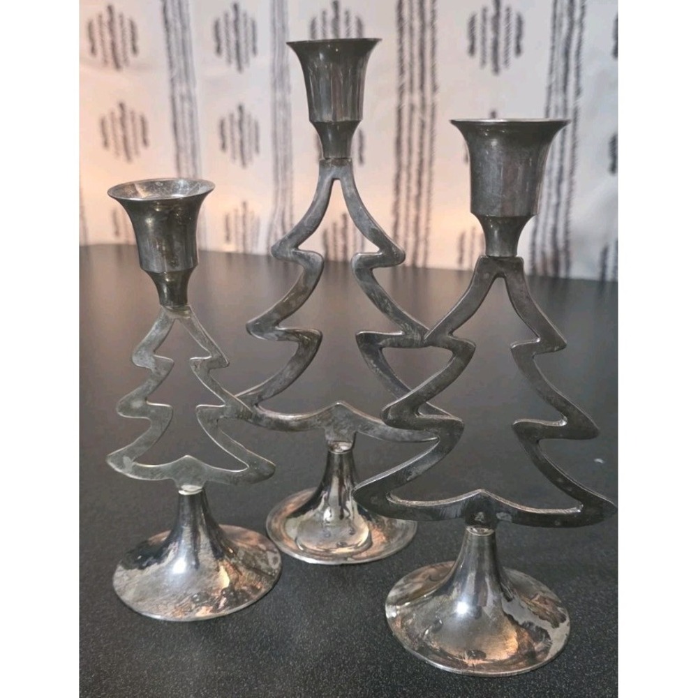 International Silver Co Silverplate Christmas Tree Candlestick Holders 3pc EUC‎